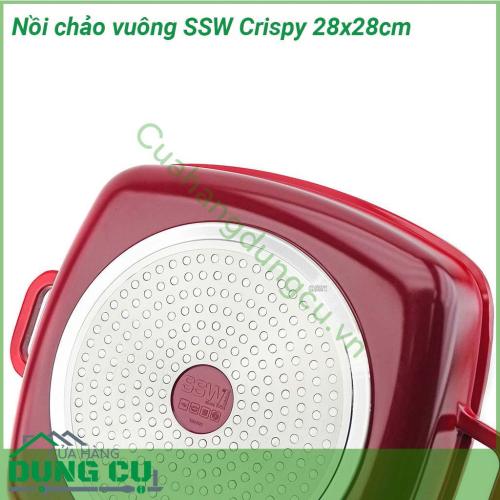 Nồi chảo vuông SSW Crispy 28x28cm được làm bằng chất liệu nhôm đúc cao cấp bắt từ bắt nhiệt rất tốt  Tay cầm cách nhiệt vung kính trong cường lực đảm bảo tính thẩm mĩ và tiện cho các chị quan sát thức ăn Lòng chảo chống dính siêu bền an toàn cho sức khỏe