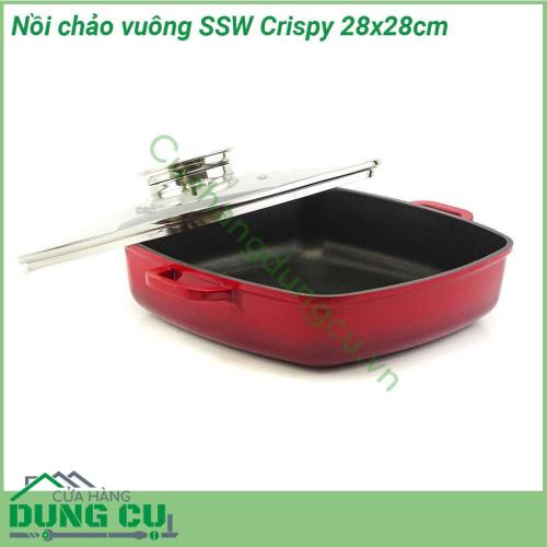 Nồi chảo vuông SSW Crispy 28x28cm được làm bằng chất liệu nhôm đúc cao cấp bắt từ bắt nhiệt rất tốt  Tay cầm cách nhiệt vung kính trong cường lực đảm bảo tính thẩm mĩ và tiện cho các chị quan sát thức ăn Lòng chảo chống dính siêu bền an toàn cho sức khỏe