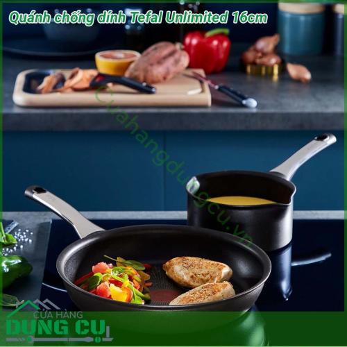 Quánh chống dính Tefal Ultimate 16cm thiết kế nhỏ gọn quánh Tefal 16cm lòng chảo chống dính cao cấp tay cầm thoải mái chống nóng Dung tích 1 5L rất thích hợp để quấy bột chiên rán ngập dầu đều tiện mà ko lo bị bắn