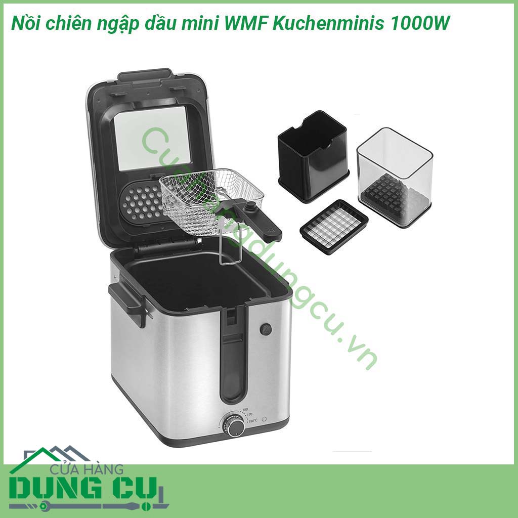 Nồi chiên ngập dầu mini WMF Kuchenminis làm từ Cromargan 18 10 bóng mờ với cơ chế nâng giỏ an toàn mở nắp dễ dàng bộ lọc tích hợp để giảm mùi và điều chỉnh nhiệt độ từ 150 – 190 độ giúp các món chiên trở nên vàng rộm giòn tan và thơm ngon khó cưỡng