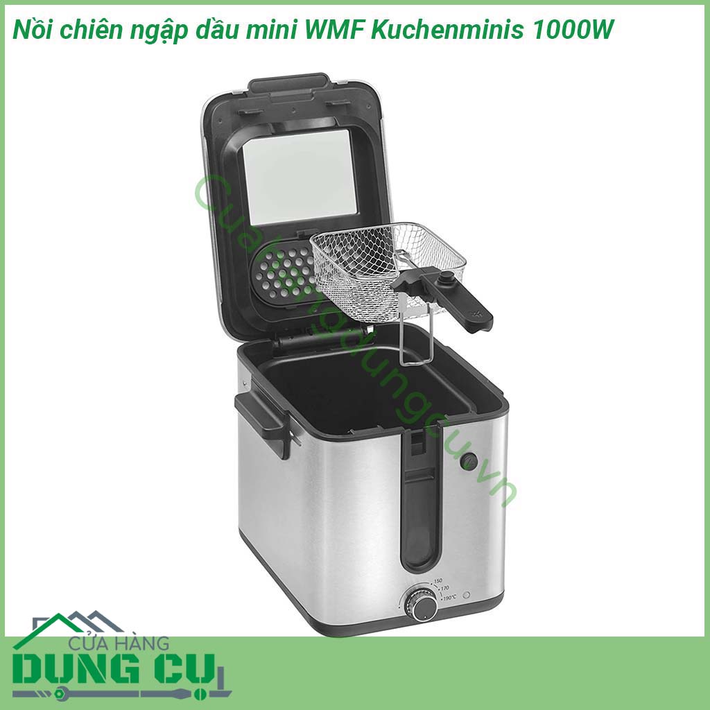 Nồi chiên ngập dầu mini WMF Kuchenminis làm từ Cromargan 18 10 bóng mờ với cơ chế nâng giỏ an toàn mở nắp dễ dàng bộ lọc tích hợp để giảm mùi và điều chỉnh nhiệt độ từ 150 – 190 độ giúp các món chiên trở nên vàng rộm giòn tan và thơm ngon khó cưỡng