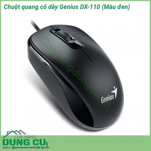 Chuột quang có dây Genius DX-110 thiết kế mạnh mẽ Vỏ nhựa có độ sần tạo cảm giác cầm nắm thoải mái và chắc chắn Genius DX-110 còn trang bị đèn Led khi chuột hoạt động sẽ có ánh đèn cho bạn cảm giác thoải mái hơn khi làm việc quá dài với máy tính