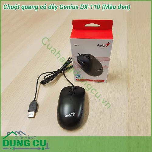 Chuột quang có dây Genius DX-110 thiết kế mạnh mẽ Vỏ nhựa có độ sần tạo cảm giác cầm nắm thoải mái và chắc chắn Genius DX-110 còn trang bị đèn Led khi chuột hoạt động sẽ có ánh đèn cho bạn cảm giác thoải mái hơn khi làm việc quá dài với máy tính