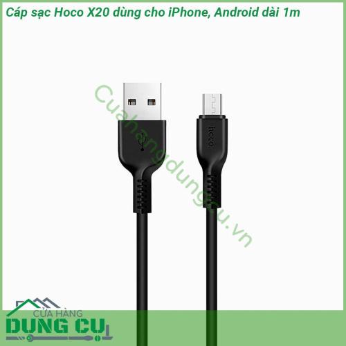 Cáp sạc nhanh Hoco X20 Flash dùng cho iPhone Android dài 1m màu đen được làm từ chất liệu nhựa TPE cao cấp mềm dẻo được phủ bên ngoài lớp PVC bảo vệ lõi đồng bên trong nâng cao tuổi thọ cho dây cáp sạc