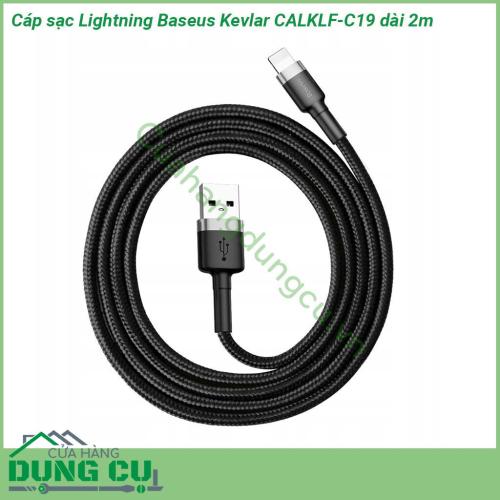 Cáp sạc Lightning Baseus Kevlar CALKLF-C19 dài 2m dây cáp được làm bằng sợi nylon carbon siêu bền Đầu cáp được thiết kế đặc biệt chắc chắn chống hiện tượng gảy đầu cáp Dây cáp vải dù siêu bền cho thời gian sử dụng cực lâu và ổn định  