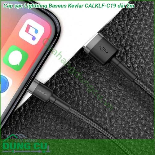 Cáp sạc Lightning Baseus Kevlar CALKLF-C19 dài 2m dây cáp được làm bằng sợi nylon carbon siêu bền Đầu cáp được thiết kế đặc biệt chắc chắn chống hiện tượng gảy đầu cáp Dây cáp vải dù siêu bền cho thời gian sử dụng cực lâu và ổn định  