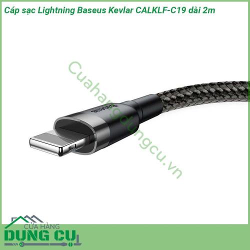 Cáp sạc Lightning Baseus Kevlar CALKLF-C19 dài 2m dây cáp được làm bằng sợi nylon carbon siêu bền Đầu cáp được thiết kế đặc biệt chắc chắn chống hiện tượng gảy đầu cáp Dây cáp vải dù siêu bền cho thời gian sử dụng cực lâu và ổn định  