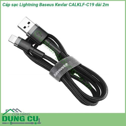 Cáp sạc Lightning Baseus Kevlar CALKLF-C19 dài 2m dây cáp được làm bằng sợi nylon carbon siêu bền Đầu cáp được thiết kế đặc biệt chắc chắn chống hiện tượng gảy đầu cáp Dây cáp vải dù siêu bền cho thời gian sử dụng cực lâu và ổn định  