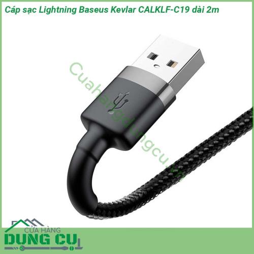 Cáp sạc Lightning Baseus Kevlar CALKLF-C19 dài 2m dây cáp được làm bằng sợi nylon carbon siêu bền Đầu cáp được thiết kế đặc biệt chắc chắn chống hiện tượng gảy đầu cáp Dây cáp vải dù siêu bền cho thời gian sử dụng cực lâu và ổn định  