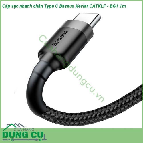 Cáp sạc nhanh chân Type C Baseus Kevlar CATKLF - BG1 1m đầu cáp được thiết kế đặc biệt chống hiện tượng gảy đầu cáp Dây cáp được làm bằng sợi nylon siêu bền Thời gian sử dụng cực lâu và ổn định Chuẩn giao tiếp USB Type-C