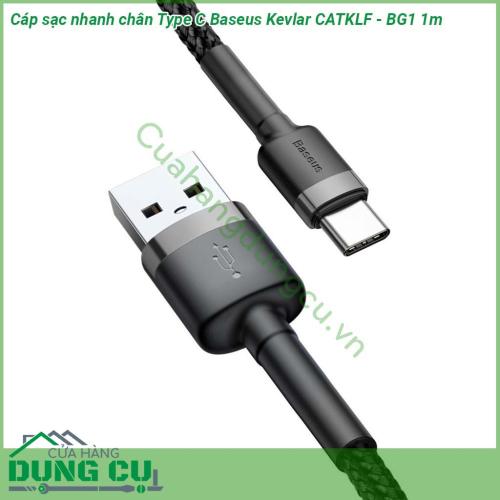 Cáp sạc nhanh chân Type C Baseus Kevlar CATKLF - BG1 1m đầu cáp được thiết kế đặc biệt chống hiện tượng gảy đầu cáp Dây cáp được làm bằng sợi nylon siêu bền Thời gian sử dụng cực lâu và ổn định Chuẩn giao tiếp USB Type-C