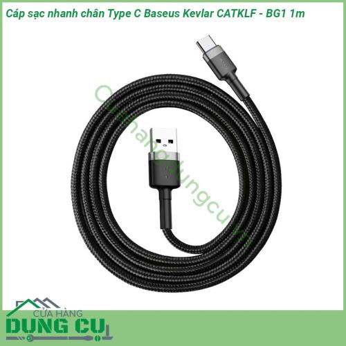 Cáp sạc nhanh chân Type C Baseus Kevlar CATKLF - BG1 1m đầu cáp được thiết kế đặc biệt chống hiện tượng gảy đầu cáp Dây cáp được làm bằng sợi nylon siêu bền Thời gian sử dụng cực lâu và ổn định Chuẩn giao tiếp USB Type-C