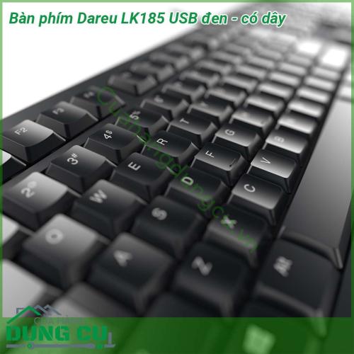 Bàn phím máy tính Dareu LK185 USB đen có dây có thiết kế đơn giản kiểu dáng mỏng thông dụng với vỏ được làm bằng chất liệu nhựa bền cao cấp và được phủ một lớp sơn màu đen chống bụi bảo vệ bàn phím Kiểu dáng full layout với đầy đủ 104 phím  