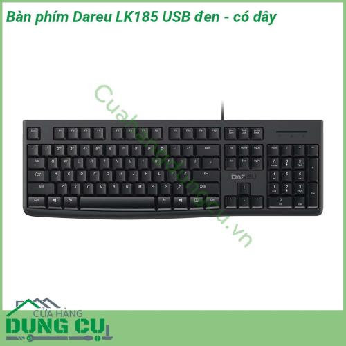 Bàn phím máy tính Dareu LK185 USB đen có dây có thiết kế đơn giản kiểu dáng mỏng thông dụng với vỏ được làm bằng chất liệu nhựa bền cao cấp và được phủ một lớp sơn màu đen chống bụi bảo vệ bàn phím Kiểu dáng full layout với đầy đủ 104 phím  