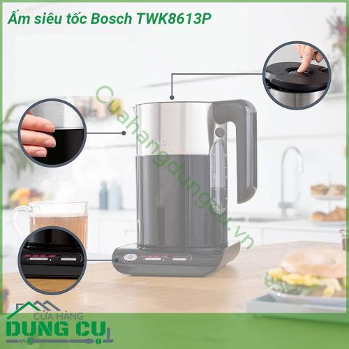 Ấm siêu tốc Bosch TWK8613P được làm bằng chất liệu inox và nhựa cao cấp theo tiêu chuẩn Đức an toàn tuyệt đối cho sức khỏe người sử dụng Kiểu dáng thiết kế hiện đại và sang trọng dễ dàng trong việc sử dụng