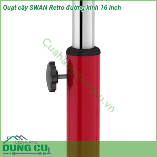 Quạt cây SWAN Retro đường kính 16 inch thiết kế ấn tượng chất liệu kim loại cao cấp có 4 cánh với đường kính 40 cm  Quạt có thể điều chỉnh độ cao từ 90 cm đến 125 cm   Động cơ 50w yên tĩnh giúp thiết bị hoàn hảo cho việc sử dụng gia đình và văn phòng