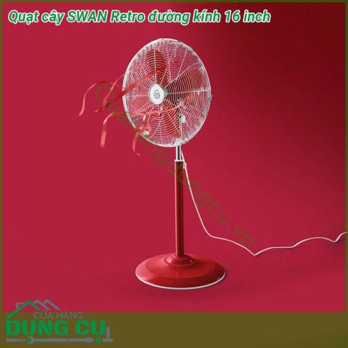 Quạt cây SWAN Retro đường kính 16 inch thiết kế ấn tượng chất liệu kim loại cao cấp có 4 cánh với đường kính 40 cm  Quạt có thể điều chỉnh độ cao từ 90 cm đến 125 cm   Động cơ 50w yên tĩnh giúp thiết bị hoàn hảo cho việc sử dụng gia đình và văn phòng