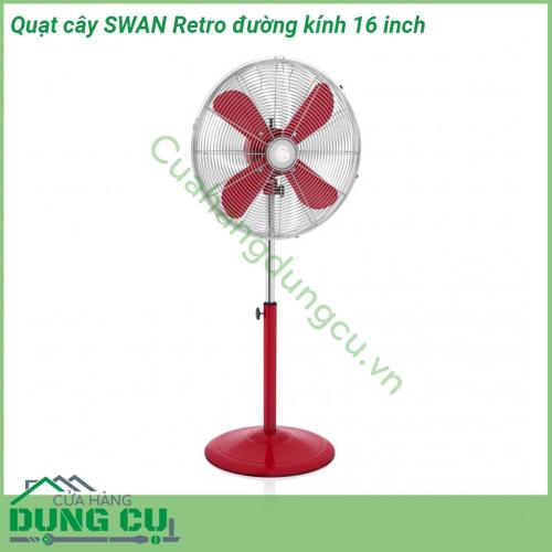 Quạt cây SWAN Retro đường kính 16 inch thiết kế ấn tượng chất liệu kim loại cao cấp có 4 cánh với đường kính 40 cm  Quạt có thể điều chỉnh độ cao từ 90 cm đến 125 cm   Động cơ 50w yên tĩnh giúp thiết bị hoàn hảo cho việc sử dụng gia đình và văn phòng