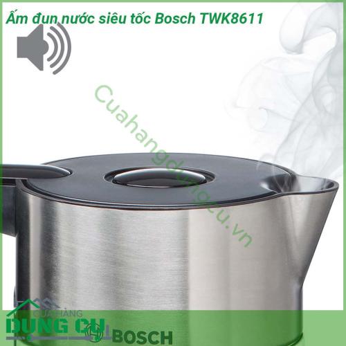 Ấm đun nước siêu tốc Bosch TWK8611 thiết kế ấm hiện đại màu trắng thanh lịch góp phần tô điểm cho không gian bếp trở nên sang trọng Công suất hoạt động mạnh mẽ Dung tích ấm 1 5 lít rất phù hợp với những gia đình có con nhỏ