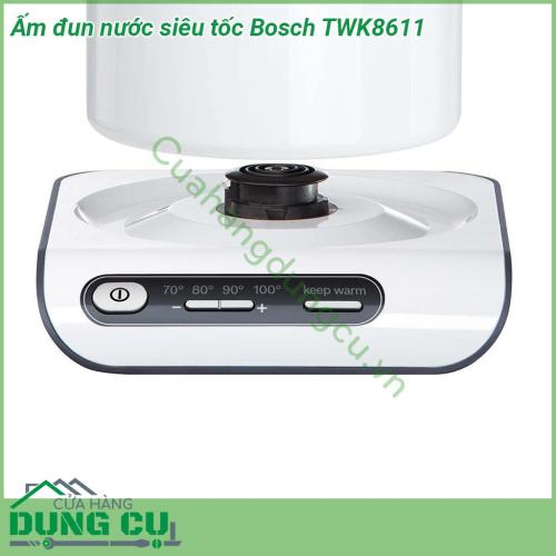 Ấm đun nước siêu tốc Bosch TWK8611 thiết kế ấm hiện đại màu trắng thanh lịch góp phần tô điểm cho không gian bếp trở nên sang trọng Công suất hoạt động mạnh mẽ Dung tích ấm 1 5 lít rất phù hợp với những gia đình có con nhỏ