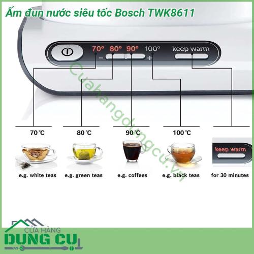 Ấm đun nước siêu tốc Bosch TWK8611 thiết kế ấm hiện đại màu trắng thanh lịch góp phần tô điểm cho không gian bếp trở nên sang trọng Công suất hoạt động mạnh mẽ Dung tích ấm 1 5 lít rất phù hợp với những gia đình có con nhỏ