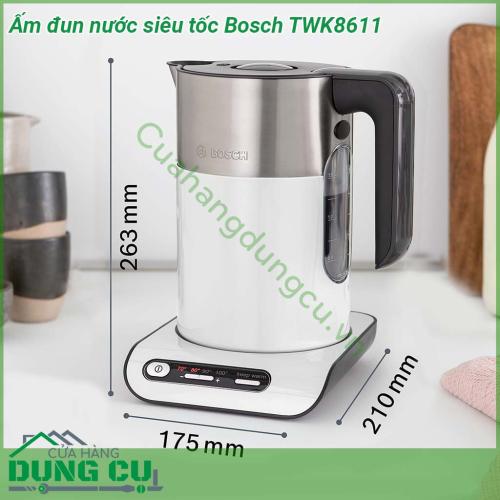 Ấm đun nước siêu tốc Bosch TWK8611 thiết kế ấm hiện đại màu trắng thanh lịch góp phần tô điểm cho không gian bếp trở nên sang trọng Công suất hoạt động mạnh mẽ Dung tích ấm 1 5 lít rất phù hợp với những gia đình có con nhỏ