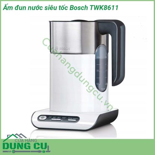 Ấm đun nước siêu tốc Bosch TWK8611 thiết kế ấm hiện đại màu trắng thanh lịch góp phần tô điểm cho không gian bếp trở nên sang trọng Công suất hoạt động mạnh mẽ Dung tích ấm 1 5 lít rất phù hợp với những gia đình có con nhỏ