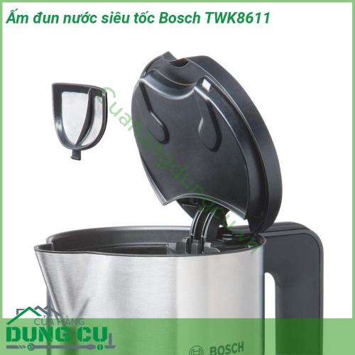 Ấm đun nước siêu tốc Bosch TWK8611 thiết kế ấm hiện đại màu trắng thanh lịch góp phần tô điểm cho không gian bếp trở nên sang trọng Công suất hoạt động mạnh mẽ Dung tích ấm 1 5 lít rất phù hợp với những gia đình có con nhỏ