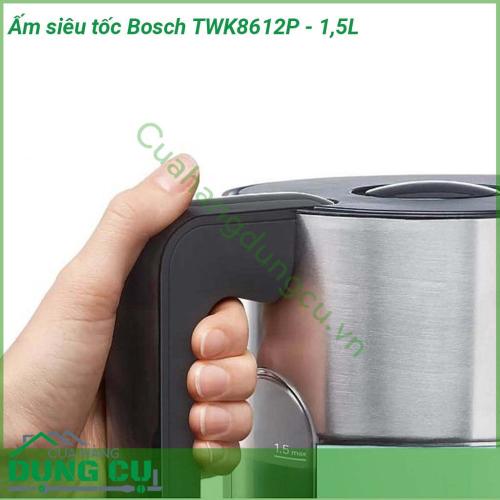 Ấm siêu tốc Bosch TWK8612P - 1 5L với kiểu dáng sang trọng hiện đại máu sắc nổi bật Chất liệu inox  Nắp ấm được thiết kế đặc biệt bạn sẽ dễ dàng hơn khi rót nước ra ngoài Đế xoay 360 độ dễ dàng lấy và đặt bình vào nhanh chóng