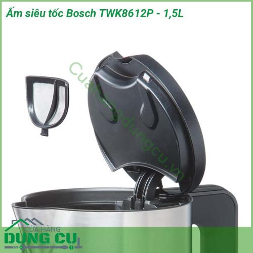 Ấm siêu tốc Bosch TWK8612P - 1 5L với kiểu dáng sang trọng hiện đại máu sắc nổi bật Chất liệu inox  Nắp ấm được thiết kế đặc biệt bạn sẽ dễ dàng hơn khi rót nước ra ngoài Đế xoay 360 độ dễ dàng lấy và đặt bình vào nhanh chóng