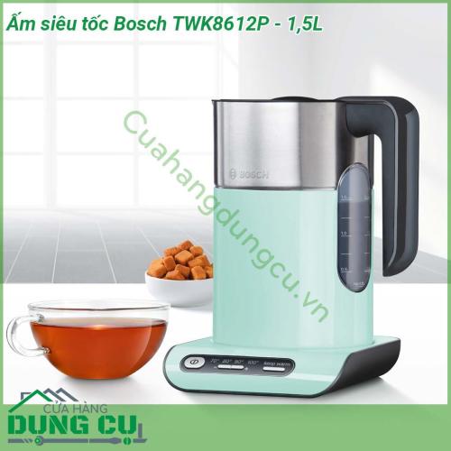 Ấm siêu tốc Bosch TWK8612P - 1 5L với kiểu dáng sang trọng hiện đại máu sắc nổi bật Chất liệu inox  Nắp ấm được thiết kế đặc biệt bạn sẽ dễ dàng hơn khi rót nước ra ngoài Đế xoay 360 độ dễ dàng lấy và đặt bình vào nhanh chóng