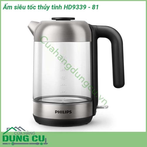 Ấm siêu tốc thủy tinh Philips HD9339 - 81 được làm từ tinh thể thủy tinh trong suốt và thép Cromargan 18 10 không bám vân tay có đèn báo LED vòng màu xanh sáng khi đun  Chân chống trượt có thể xoay 360 độ  Nắp có thể tháo rời vệ sinh