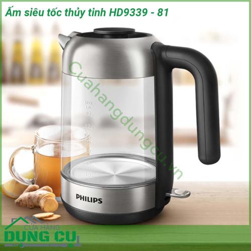 Ấm siêu tốc thủy tinh Philips HD9339 - 81 được làm từ tinh thể thủy tinh trong suốt và thép Cromargan 18 10 không bám vân tay có đèn báo LED vòng màu xanh sáng khi đun  Chân chống trượt có thể xoay 360 độ  Nắp có thể tháo rời vệ sinh