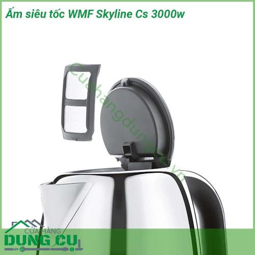 Ấm siêu tốc WMF Skyline Cs 3000w được làm từ chất liệu inox cao cấp Cromagan chống xước sáng bóng Dung tích 1 6l phần tay cầm được làm chắc chắn  chống nhiệt tốt Nắp ấm được thiết kế tiện lợi có thể mở bằng một tay thông qua nút nhấn