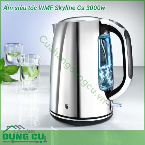 Ấm siêu tốc WMF Skyline Cs 3000w được làm từ chất liệu inox cao cấp Cromagan chống xước sáng bóng Dung tích 1 6l phần tay cầm được làm chắc chắn  chống nhiệt tốt Nắp ấm được thiết kế tiện lợi có thể mở bằng một tay thông qua nút nhấn