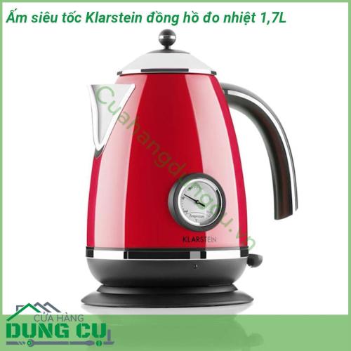 Ấm siêu tốc Klarstein có đồng hồ đo nhiệt độ 1 7L được làm từ chất liệu inox độ bền cao chống ăn mòn Phong cách cổ điển Retro màu đỏ Đặc biệt  thân ấm có thiết kế mặt đồng hồ thể hiện nhiệt độ nước khi đun mang đến cho người dùng một cảm giác mới lạ