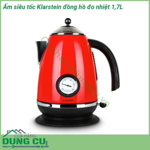 Ấm siêu tốc Klarstein có đồng hồ đo nhiệt độ 1 7L được làm từ chất liệu inox độ bền cao chống ăn mòn Phong cách cổ điển Retro màu đỏ Đặc biệt  thân ấm có thiết kế mặt đồng hồ thể hiện nhiệt độ nước khi đun mang đến cho người dùng một cảm giác mới lạ