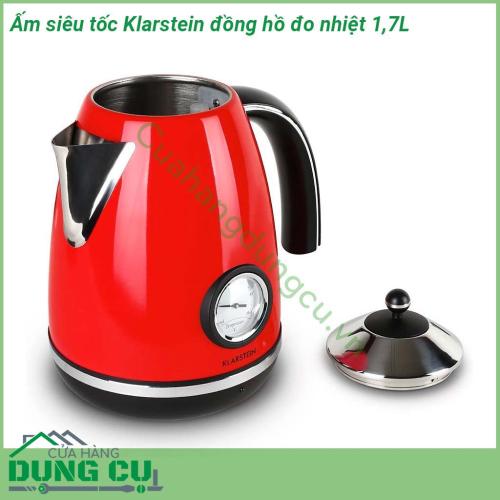 Ấm siêu tốc Klarstein có đồng hồ đo nhiệt độ 1 7L được làm từ chất liệu inox độ bền cao chống ăn mòn Phong cách cổ điển Retro màu đỏ Đặc biệt  thân ấm có thiết kế mặt đồng hồ thể hiện nhiệt độ nước khi đun mang đến cho người dùng một cảm giác mới lạ