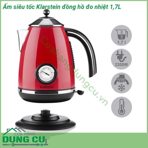 Ấm siêu tốc Klarstein có đồng hồ đo nhiệt độ 1 7L được làm từ chất liệu inox độ bền cao chống ăn mòn Phong cách cổ điển Retro màu đỏ Đặc biệt  thân ấm có thiết kế mặt đồng hồ thể hiện nhiệt độ nước khi đun mang đến cho người dùng một cảm giác mới lạ