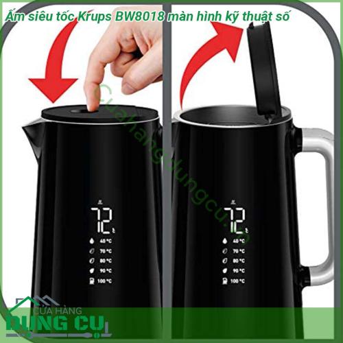 Ấm siêu tốc Krups BW8018 kiểu dáng hiện đại bắt mắt với màu đen huyền bí Dung tích 1 7L với chất liệu thép không gỉ độ bền cao Đặc biệt ấm còn được thiết kế với màn hình kỹ thuật số dễ đọc hiển thị nhiệt độ thực tế trong ấm