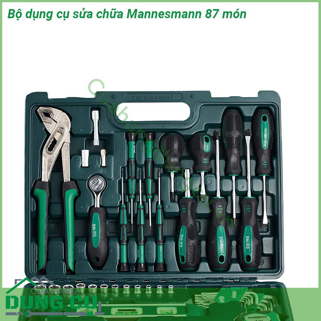 Bộ dụng cụ sửa chữa Mannesmann 87 món là bộ dụng cụ hoàn chỉnh với rất nhiều món phục vụ sửa chữa kìm tuốc nơ vít búa được sắp xếp gọn gàng trong hộp Các dụng cụ được làm từu chất kiệu thép cao cấp của Đức  Tay bọcsilicon chống trơn trượt khi cầm nắm  