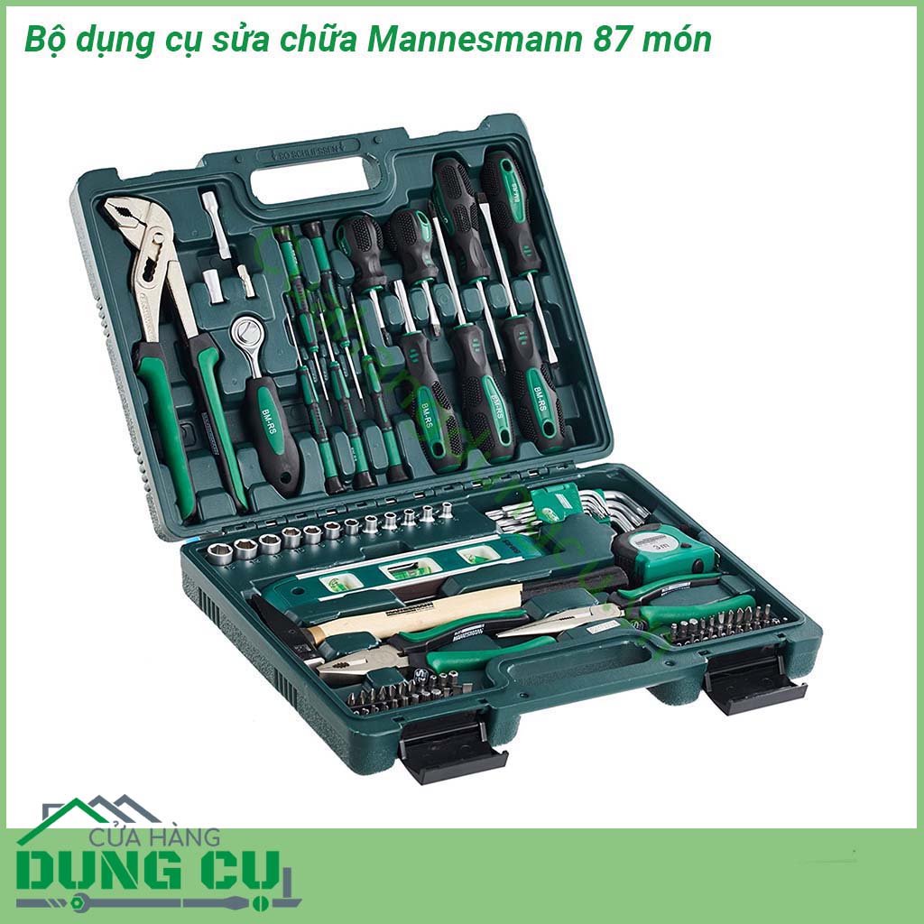 Bộ dụng cụ sửa chữa Mannesmann 87 món là bộ dụng cụ hoàn chỉnh với rất nhiều món phục vụ sửa chữa kìm tuốc nơ vít búa được sắp xếp gọn gàng trong hộp Các dụng cụ được làm từu chất kiệu thép cao cấp của Đức  Tay bọcsilicon chống trơn trượt khi cầm nắm  