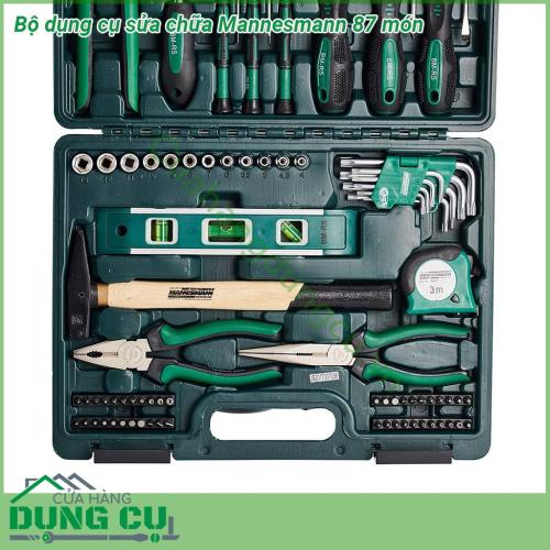 Bộ dụng cụ sửa chữa Mannesmann 87 món là bộ dụng cụ hoàn chỉnh với rất nhiều món phục vụ sửa chữa kìm tuốc nơ vít búa được sắp xếp gọn gàng trong hộp Các dụng cụ được làm từu chất kiệu thép cao cấp của Đức  Tay bọcsilicon chống trơn trượt khi cầm nắm  