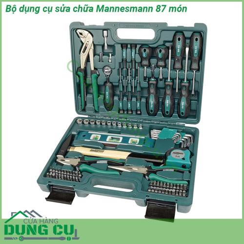 Bộ dụng cụ sửa chữa Mannesmann 87 món là bộ dụng cụ hoàn chỉnh với rất nhiều món phục vụ sửa chữa kìm tuốc nơ vít búa được sắp xếp gọn gàng trong hộp Các dụng cụ được làm từu chất kiệu thép cao cấp của Đức  Tay bọcsilicon chống trơn trượt khi cầm nắm  