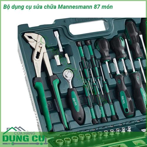 Bộ dụng cụ sửa chữa Mannesmann 87 món là bộ dụng cụ hoàn chỉnh với rất nhiều món phục vụ sửa chữa kìm tuốc nơ vít búa được sắp xếp gọn gàng trong hộp Các dụng cụ được làm từu chất kiệu thép cao cấp của Đức  Tay bọcsilicon chống trơn trượt khi cầm nắm  