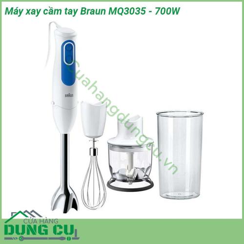 Máy xay cầm tay Braun MQ3035 - 700W được thiết kế đẹp mắt chất liệu cao cấp Tay cầm của máy sử dụng dễ dàng người dùng có thể cầm nắm mà không bị trơn trượt   Lưỡi dao sắc bén khi xay không làm biến đổi mùi vị chất dinh dưỡng của thực phẩm