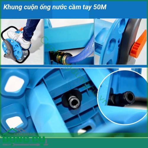 Khung cuộn ống nước cầm tay 50M được làm bằng chất liệu nhựa tổng hợp và inox siêu bền Có thể cuộn tối đa lên tới 50m ống  Bộ khung cuộn kiên cố gọn nhẹ linh hoạt thu cuộn ống dễ dàng