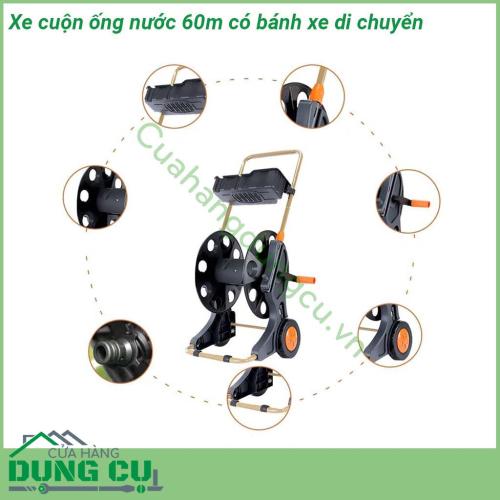 Xe cuộn ống nước 60m có bánh xe di chuyển được thiết kế dành cho khu vườn có diện tích vừa và nhỏ Với khả năng cuộn được 60m dây Với hai bánh xe lớn giúp cho khả năng di chuyển của xe rất linh hoạt