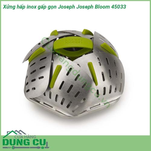 Xửng hấp inox gấp gọn Joseph Joseph Bloom 45033 được làm bằng polypropylene không chứa BPA và silicone thiết bị chống trầy xước và thích hợp để sử dụng với cả chảo thép và dụng cụ nấu ăn chống dính