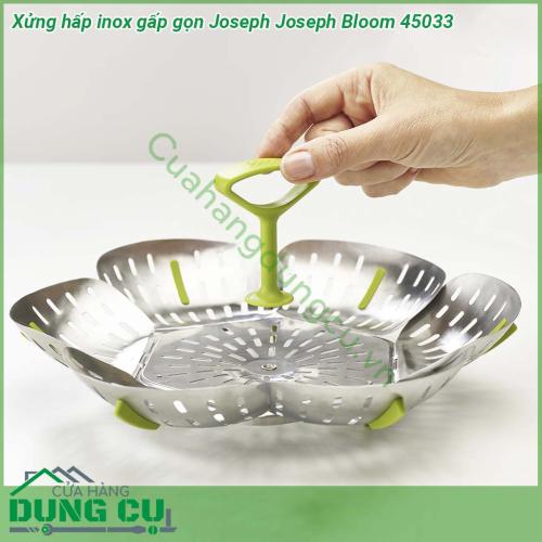 Xửng hấp inox gấp gọn Joseph Joseph Bloom 45033 được làm bằng polypropylene không chứa BPA và silicone thiết bị chống trầy xước và thích hợp để sử dụng với cả chảo thép và dụng cụ nấu ăn chống dính